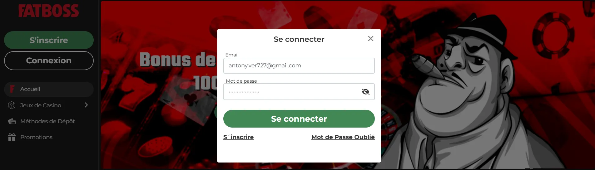 Interface de connexion FatBoss Casino sécurisée